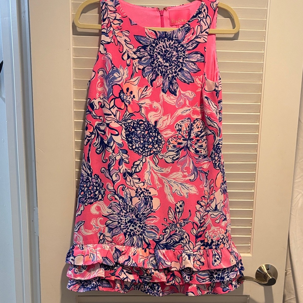 Pink Floral Ruffle Hem Shift Dress